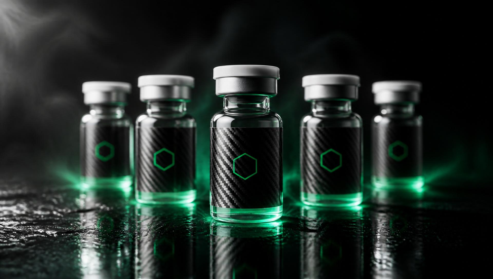 Carbon Standard research compound bottles under cinematic laboratory lighting